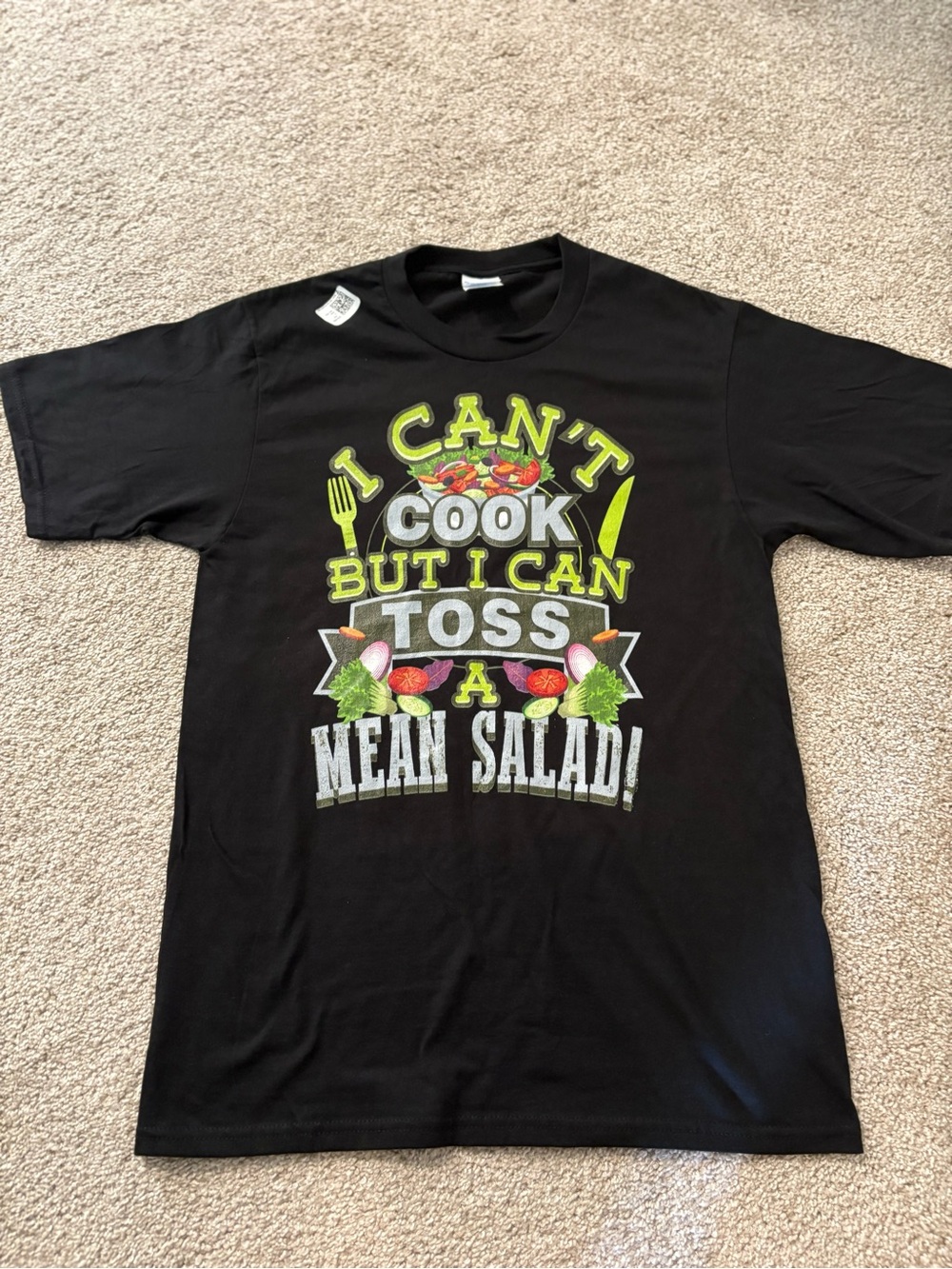 Women or Men's  Black Graphic Tee - "I Can't Cook But I Can Toss A Mean Salad!"